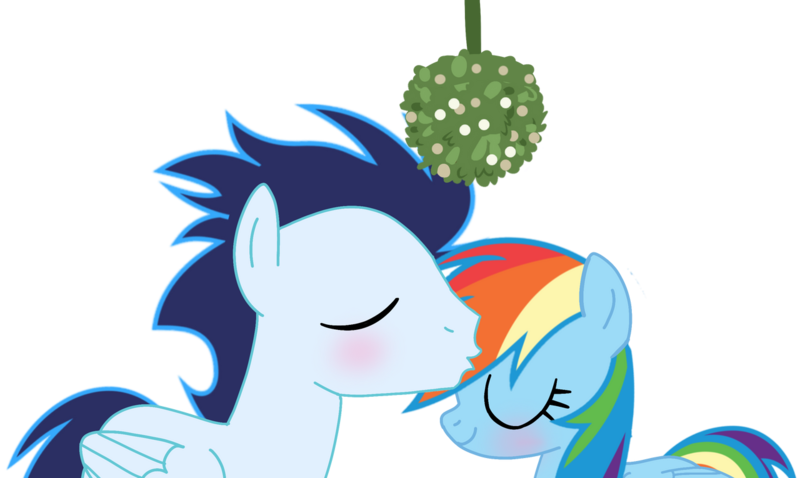 Size: 1280x765 | Tagged: safe, artist:soarindasher10, derpibooru import, rainbow dash, soarin', pegasus, pony, blushing, eyes closed, female, forehead kiss, image, kissing, male, mare, mistletoe, png, shipping, simple background, smiling, soarindash, stallion, straight, transparent background