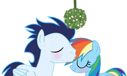 Size: 1280x765 | Tagged: safe, artist:soarindasher10, derpibooru import, rainbow dash, soarin', pegasus, pony, blushing, eyes closed, female, forehead kiss, image, kissing, male, mare, mistletoe, png, shipping, simple background, smiling, soarindash, stallion, straight, transparent background