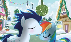 Size: 1280x765 | Tagged: safe, artist:soarindasher10, derpibooru import, rainbow dash, soarin', pegasus, pony, blushing, eyes closed, female, forehead kiss, image, kissing, male, mare, mistletoe, png, shipping, smiling, soarindash, stallion, straight