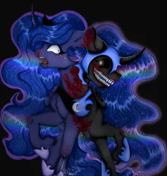 Size: 2049x2160 | Tagged: grimdark, artist:kayomii, derpibooru import, nightmare moon, princess luna, alicorn, pony, black sclera, blood, conjoined, crying, curved horn, duo, female, helmet, hoof shoes, horn, image, jewelry, jpeg, mare, nosebleed, peytral, regalia, stitched body, stitches, teeth, unshorn fetlocks