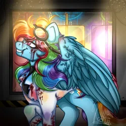 Size: 720x723 | Tagged: semi-grimdark, artist:kayomii, derpibooru import, rainbow dash, pegasus, pony, fanfic:rainbow factory, g4, blood, clothes, fanfic art, female, goggles, image, jpeg, lab coat, mare, rainbow factory dash, solo