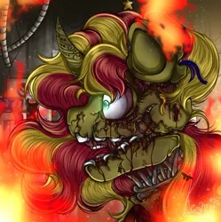 Size: 720x723 | Tagged: grimdark, artist:kayomii, derpibooru import, sunset shimmer, pony, unicorn, g4, animatronic, burning, female, fire, five nights at pinkie's, horn, image, jpeg, mare, solo