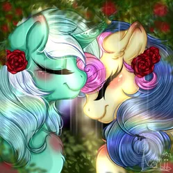 Size: 720x723 | Tagged: safe, artist:kayomii, derpibooru import, bon bon, lyra heartstrings, sweetie drops, earth pony, pony, unicorn, blushing, duo, female, flower, flower in hair, horn, horn ring, image, jewelry, jpeg, lesbian, lyrabon, mare, rain, ring, shipping