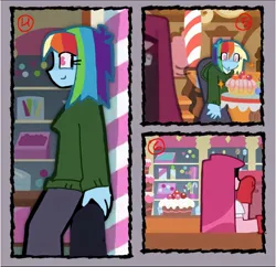 Size: 1114x1080 | Tagged: safe, artist:sazxto, derpibooru import, edit, pinkie pie, rainbow dash, human, comic:dashi went to pinkies place, cake, comic, food, image, jpeg, translation, translator:agent00k0t