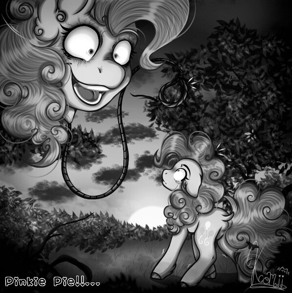 Size: 720x723 | Tagged: semi-grimdark, alternate version, artist:kayomii, derpibooru import, pinkie pie, ponified, earth pony, pony, g4, balloon, black and white, crying, duo, female, floating head, grayscale, image, jpeg, junji ito, mare, monochrome, noose, self paradox, self ponidox, the hanging balloons