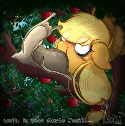 Size: 720x723 | Tagged: grimdark, artist:kayomii, derpibooru import, applejack, original species, pony, snail, snail pony, g4, apple, apple tree, blood, body horror, crying, female, food, image, jpeg, junji ito, mare, nosebleed, solo, tree, uzumaki