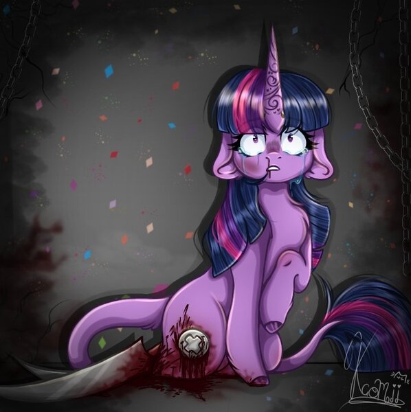 Size: 720x723 | Tagged: grimdark, artist:kayomii, derpibooru import, twilight sparkle, pony, unicorn, blade legs, blood, crying, female, horn, image, jpeg, mare, nosebleed, scissor twilight, screw, solo, unicorn twilight