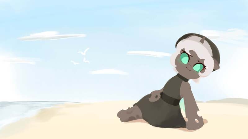 Size: 2048x1152 | Tagged: safe, artist:dulldi, derpibooru import, oc, oc:kitu elder, unofficial characters only, changeling, changeling queen, equestria at war mod, beach, blushing, clothes, dress, fangs, female, gray coat, hat, horn, image, jpeg, looking at camera, looking at you, ocean, pose, sun hat, sundress, teal eyes, trident, water, white mane, wings