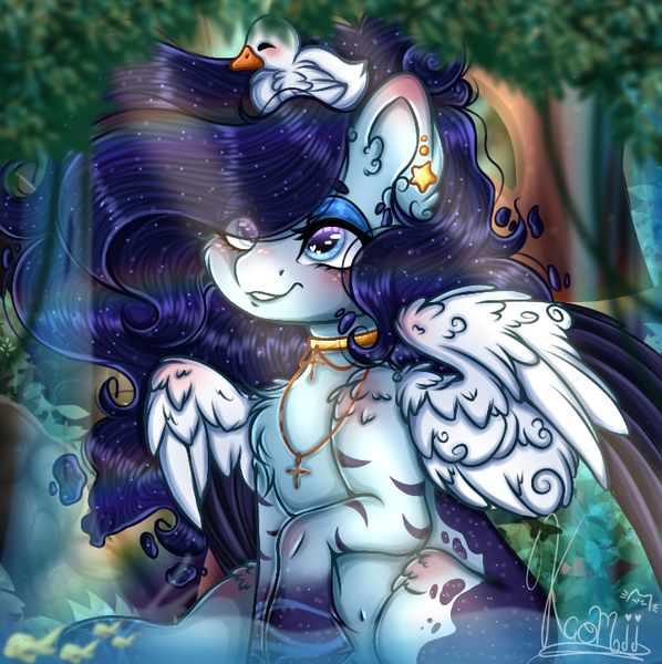 Size: 720x723 | Tagged: safe, artist:kayomii, derpibooru import, oc, unofficial characters only, bird, duck, pegasus, pony, choker, ear piercing, earring, female, image, jewelry, mare, necklace, piercing, png, solo, spread wings, wings