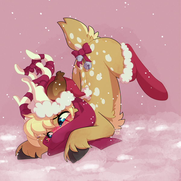 Size: 2500x2500 | Tagged: safe, artist:lionbun, derpibooru import, deer, ass up, blushing, christmas, clothes, commission, cute, hat, holiday, image, male, png, ribbon, santa hat, scarf, snow, socks, ych result