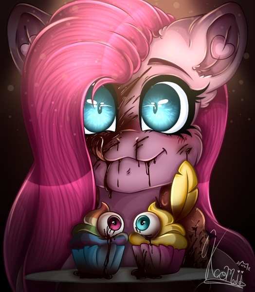 Size: 693x794 | Tagged: grimdark, artist:kayomii, derpibooru import, pinkie pie, earth pony, pony, fanfic:cupcakes, blood, cupcake, eyeball, female, food, image, implied fluttershy, implied murder, implied rainbow dash, jpeg, mare, pinkamena diane pie