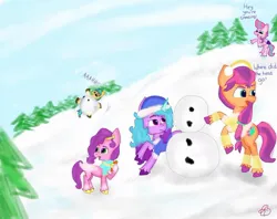 Size: 1080x857 | Tagged: safe, artist:heart k art, derpibooru import, hitch trailblazer, izzy moonbow, pipp petals, sunny starscout, zipp storm, earth pony, pegasus, pony, unicorn, series:heart k art g5 advent calendar, g5, advent calendar, applejack (g5), clothes, dialogue, female, fluttershy (g5), horn, image, jpeg, male, mane five, mane six (g5), mare, misty brightdawn, pinkie pie (g5), rainbow dash (g5), rarity (g5), snow, snowball, snowman, stallion, twilight sparkle (g5), winter, winter outfit