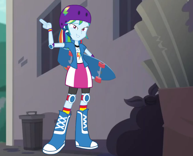 Size: 768x619 | Tagged: safe, artist:norfsd, derpibooru import, rainbow dash, equestria girls, g4, alley, armband, boots, clothes, helmet, image, knee pads, png, rainbow socks, shoes, shoulder pads, skateboard, socks, striped socks, trash can