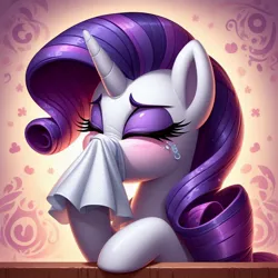 Size: 1024x1024 | Tagged: safe, ai content, derpibooru import, machine learning generated, prompter:heydude5321, rarity, pony, unicorn, g4, blushing, crying, eyes closed, female, generator:bing image creator, generator:dall-e 3, horn, image, jpeg, mare, nose blowing, solo, washcloth