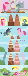 Size: 659x1800 | Tagged: safe, artist:funny-arts, derpibooru import, part of a set, gabby, pinkie pie, earth pony, gryphon, pony, series:gabby griffon in daily activity, g4, basket, beak, cake, cloud, comic, duo, duo female, eyes closed, female, fist bump, flying, food, image, jpeg, jumping, lying down, mare, open beak, open mouth, open smile, part of a series, ponytail, sky, smiling, spread wings, window, wings