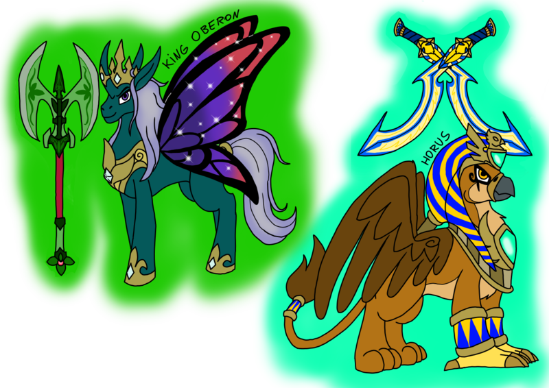 Size: 1414x1000 | Tagged: safe, artist:zetikoopa, derpibooru import, oc, oc:horus, oc:king oberon, unofficial characters only, flutter pony, gryphon, pony, axe, battle axe, image, khopesh, male, png, stallion, sword, weapon