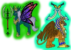 Size: 1414x1000 | Tagged: safe, artist:zetikoopa, derpibooru import, oc, oc:horus, oc:king oberon, unofficial characters only, flutter pony, gryphon, pony, axe, battle axe, image, khopesh, male, png, stallion, sword, weapon