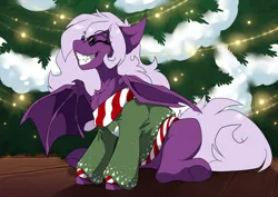 Size: 3508x2480 | Tagged: safe, artist:arctic-fox, derpibooru import, oc, oc:menesiena mirksetine, unofficial characters only, bat pony, pony, bat pony oc, bat wings, christmas, christmas sweater, christmas tree, clothes, eyes closed, female, glasses, grin, holiday, image, mare, png, sitting, smiling, sunglasses, sweater, tree, wings