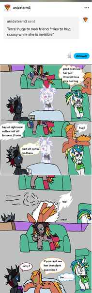 Size: 1181x3731 | Tagged: safe, artist:ask-luciavampire, derpibooru import, oc, dracony, dragon, earth pony, hybrid, pony, unicorn, academy, ask, horn, hug, image, png, triclops, tumblr