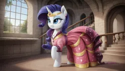 Size: 2560x1456 | Tagged: safe, ai content, derpibooru import, machine learning generated, prompter:cypher, rarity, pony, unicorn, g4, clothes, dress, gala dress, horn, image, jpeg, solo