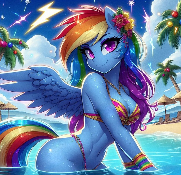 Size: 1024x994 | Tagged: suggestive, ai content, derpibooru import, machine learning generated, prompter:glimmy-glam, rainbow dash, anthro, pegasus, g4, beach, beach chair, belly, belly button, bikini, bracelet, breasts, chair, cleavage, clothes, cloud, female, generator:bing image creator, generator:dall-e 3, image, jewelry, jpeg, looking at you, missing cutie mark, muscles, palm tree, panties, shiny, smiling, solo, solo female, string bikini, swimsuit, thong, tree, umbrella, underwear, water, wet, wings