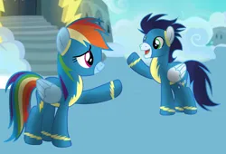 Size: 1280x868 | Tagged: safe, artist:soarindasher10, derpibooru import, rainbow dash, soarin', pegasus, pony, clothes, female, image, jpeg, male, mare, shipping, soarindash, stallion, straight, uniform, wonderbolts, wonderbolts uniform