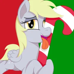 Size: 2000x2000 | Tagged: suggestive, artist:mariculture, ponerpics import, derpy hooves, pegasus, pony, candy, candy cane, female, folded wings, food, image, looking at you, mare, open mouth, png, prone, simple background, solo, tongue out, two toned background, wings