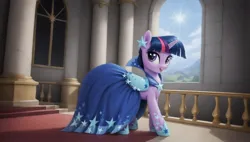 Size: 2560x1456 | Tagged: safe, ai content, derpibooru import, machine learning generated, prompter:cypher, twilight sparkle, unicorn, g4, clothes, dress, gala dress, horn, image, jpeg, solo