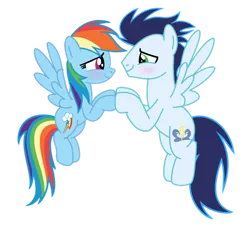 Size: 1280x1188 | Tagged: safe, artist:soarindasher10, derpibooru import, rainbow dash, soarin', pegasus, pony, blushing, female, flying, image, looking at each other, looking at someone, male, mare, png, shipping, simple background, smiling, smiling at each other, soarindash, stallion, straight, transparent background