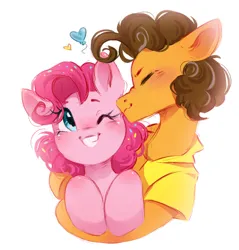 Size: 986x1030 | Tagged: safe, artist:melodylibris, derpibooru import, cheese sandwich, pinkie pie, earth pony, pony, g4, alternate hairstyle, blush lines, blushing, bust, cheesepie, clothes, collared shirt, colored pinnae, curly mane, cute, diacheeses, diapinkes, duo, duo male and female, eyes closed, female, floating heart, grin, heart, hug, image, jpeg, kiss on the cheek, kissing, leg blush, male, married couples doing married things, one eye closed, profile, shipping, shirt, short mane, short mane pinkie pie, simple background, smiling, sprinkles in mane, straight, white background