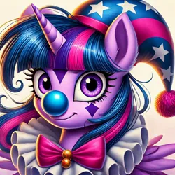 Size: 1024x1024 | Tagged: safe, ai content, derpibooru import, machine learning generated, prompter:heydude5321, twilight sparkle, alicorn, pony, g4, alternate hairstyle, bowtie, clown, female, generator:bing image creator, generator:dall-e 3, hat, horn, image, jpeg, mare, solo, wings