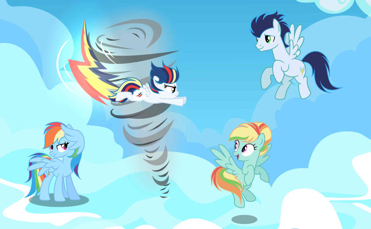 Size: 750x463 | Tagged: safe, artist:shadowandromedayt, derpibooru import, rainbow dash, soarin', oc, oc:cloud wind, oc:tornado dash, pegasus, pony, female, filly, foal, image, jpeg, male, mare, offspring, parent:rainbow dash, parent:soarin', parent:zephyr breeze, parents:soarindash, parents:zephdash, shipping, soarindash, stallion, straight