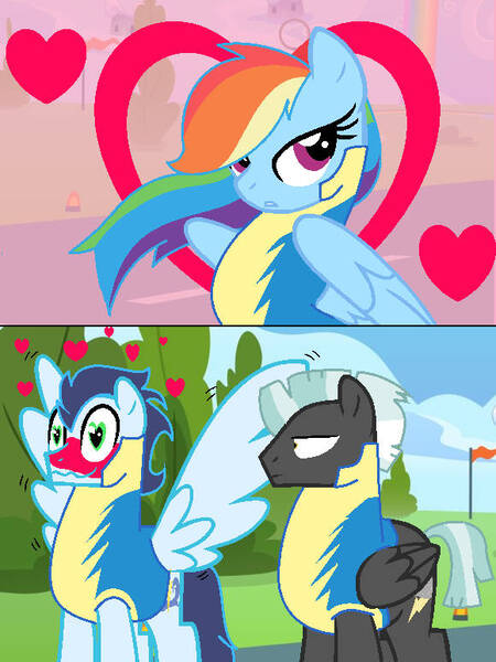 Size: 580x774 | Tagged: safe, artist:cookiebunbun27, derpibooru import, rainbow dash, soarin', thunderlane, pegasus, pony, g4, blushing, crush, female, image, in love, jpeg, male, mare, shipping, soarindash, stallion, straight