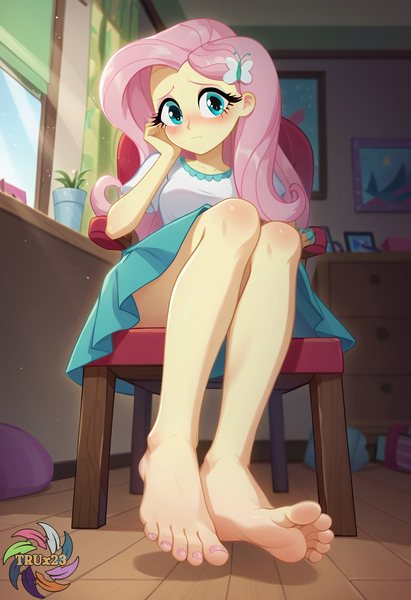 Size: 2496x3648 | Tagged: safe, ai content, derpibooru import, generator:civitai, machine learning generated, prompter:trux23, fluttershy, human, equestria girls, g4, chair, clothes, feet, female, fetish, foot fetish, image, indoors, jpeg, low angle, shy, solo, solo female, toes, worried