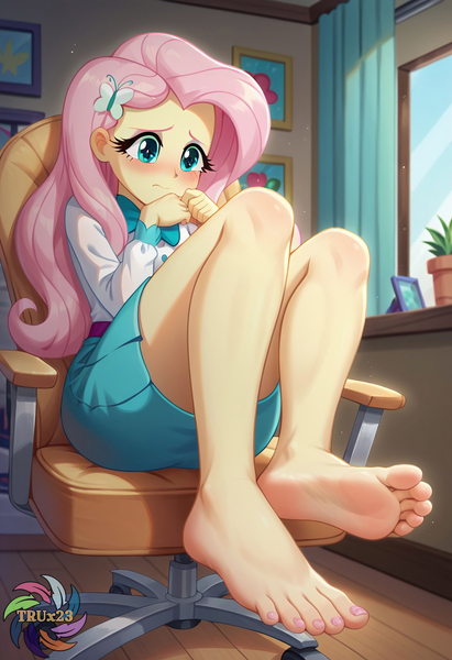 Size: 2496x3648 | Tagged: safe, ai content, derpibooru import, generator:civitai, machine learning generated, prompter:trux23, fluttershy, human, equestria girls, g4, chair, clothes, feet, female, fetish, foot fetish, image, indoors, jpeg, low angle, shy, solo, solo female, toes, worried