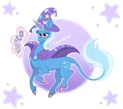 Size: 900x800 | Tagged: safe, artist:xeon777art, derpibooru import, trixie, pony, unicorn, g4, cape, card, clothes, colored hooves, female, glow, glowing horn, hat, hooves, horn, image, jpeg, leonine tail, magic, mare, signature, smiling, solo, tail, telekinesis, trixie's cape, trixie's hat