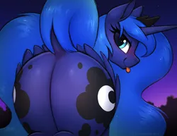 Size: 3892x3000 | Tagged: suggestive, alternate version, artist:selenophile, derpibooru import, princess luna, alicorn, pony, g4, :p, blushing, both cutie marks, butt, butt focus, dock, female, image, looking at you, looking back, looking back at you, mare, moonbutt, night, night sky, plot, png, praise the moon, presenting, raised tail, sky, solo, solo female, stars, tail, tongue out