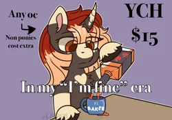 Size: 1548x1084 | Tagged: safe, artist:alleymutt, derpibooru import, oc, pony, unicorn, alcohol, bottle, commission, drink, female, horn, hybrid oc, image, in my im fine era, mare, meme, mug, png, pouring, solo, whiskey, ych example, your character here