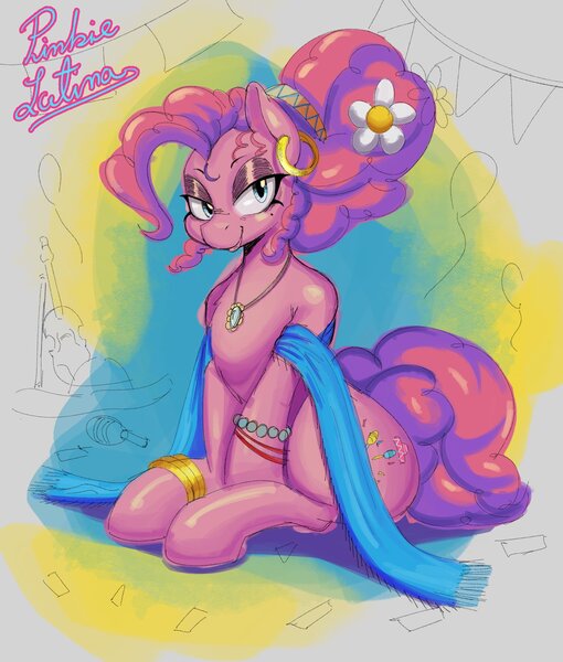 Size: 1700x2000 | Tagged: safe, artist:dominismortis, derpibooru import, pinkie pie, earth pony, pony, g4, bracelet, ear piercing, earring, female, flower, flower in hair, hooped earrings, image, jewelry, jpeg, latina pinkie pie, lidded eyes, looking at you, mare, necklace, piercing, shawl, sitting, smiling, smiling at you, solo