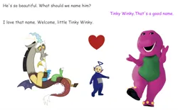 Size: 1814x1128 | Tagged: safe, derpibooru import, discord, dinosaur, g4, barney the dinosaur, comic sans, heart, image, op is a duck, op is on drugs, op is trying to start shit, parent, png, shipping, simple background, teletubbies, text, tinky winky, white background