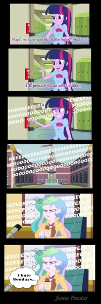 Size: 634x1903 | Tagged: safe, artist:jenna56, derpibooru import, princess celestia, twilight sparkle, human, equestria girls, g4, calendar, canterlot high, chair, clothes, coffee, coffee mug, comic, female, fire alarm, flag, glass door, image, indoors, jpeg, lockers, microphone, mug, office chair, onomatopoeia, outdoors, principal celestia, speech bubble, stairs, text, uniform, window