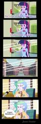 Size: 634x1903 | Tagged: safe, artist:jenna56, derpibooru import, princess celestia, twilight sparkle, human, equestria girls, g4, calendar, canterlot high, chair, clothes, coffee, coffee mug, comic, female, fire alarm, flag, glass door, image, indoors, jpeg, lockers, microphone, mug, office chair, onomatopoeia, outdoors, principal celestia, speech bubble, stairs, text, uniform, window