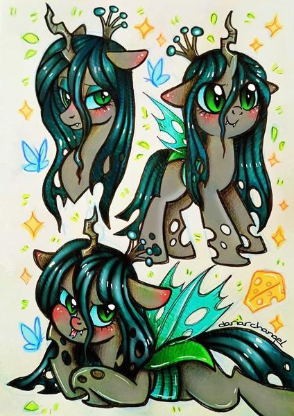 Size: 2782x3938 | Tagged: safe, artist:dariarchangel, derpibooru import, queen chrysalis, butterfly, changeling, changeling queen, insect, g4, >:), adorable face, big eyes, blushing, bust, c:, cheese, colored sclera, crooked horn, crown, cute, cute face, cute little fangs, cute smile, cutealis, daaaaaaaaaaaw, doodle, doodle page, ear blush, eyeshadow, fangs, female, floppy ears, food, gray coat, green eyes, hnnng, holes, holes in wings, horn, image, insect wings, jewelry, jpeg, long hair, long mane, long tail, lying down, makeup, portrait, prone, queen chrysalis is not amused, raspberry, regalia, sketch, sketch dump, smiling, smol, solo, sparkles, squishy cheeks, standing, straight hair, straight mane, straight tail, tail, tongue out, too cute, torn wings, traditional art, transparent wings, unamused, weapons-grade cute, wings