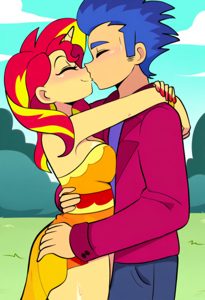 Size: 832x1216 | Tagged: safe, ai content, derpibooru import, machine learning generated, prompter:siren-module, flash sentry, sunset shimmer, equestria girls, g4, blushing, female, flashimmer, hug, image, male, png, shipping, straight