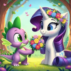 Size: 1024x1024 | Tagged: safe, ai content, derpibooru import, machine learning generated, prompter:bluey2309, rarity, spike, dragon, unicorn, g4, bouquet, bouquet of flowers, cute, female, floral head wreath, flower, grass, horn, image, jpeg, looking at each other, looking at someone, male, shipping, sitting, smiling, smiling at each other, sparity, straight, tree