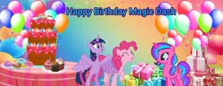 Size: 1000x387 | Tagged: safe, artist:lizzmcclin, derpibooru import, pinkie pie, twilight sparkle, twilight sparkle (alicorn), oc, oc:magic dash, alicorn, balloon, cake, food, happy birthday, image, png, present