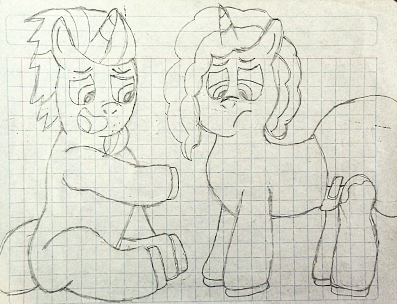 Size: 2692x2060 | Tagged: safe, artist:bitter sweetness, derpibooru import, alphabittle (g5), pony, unicorn, g5, abdl, adult foal, diaper, diaper fetish, father and child, father and daughter, female, fetish, graph paper, horn, image, jpeg, male, misty brightdawn, non-baby in diaper, poofy diaper, sketch