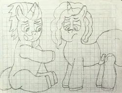 Size: 2692x2060 | Tagged: safe, artist:bitter sweetness, derpibooru import, alphabittle (g5), pony, unicorn, g5, abdl, adult foal, diaper, diaper fetish, father and child, father and daughter, female, fetish, graph paper, horn, image, jpeg, male, misty brightdawn, non-baby in diaper, poofy diaper, sketch