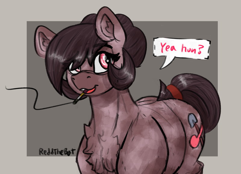 Size: 1599x1160 | Tagged: safe, artist:reddthebat, derpibooru import, oc, oc:number nine, unofficial characters only, earth pony, pony, chest fluff, cigarette, dialogue, female, image, mare, passepartout, png, signature, smoking, solo, speech bubble