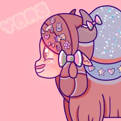 Size: 2048x2048 | Tagged: safe, artist:lnx1ynight16, derpibooru import, yona, yak, g4, bow, braid, colorful, cute, fairy kei, female, hair accessory, hair bow, horns, image, monkey swings, png, side view, text, yonadorable